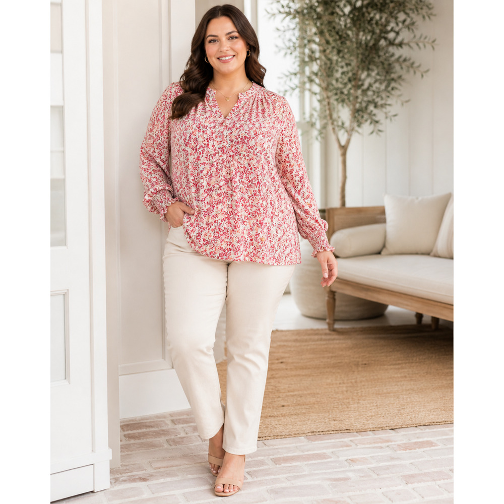 Torrid Womens Top 2X Plus Button Front Long Sleeve Floral Peasant Boho Feminine